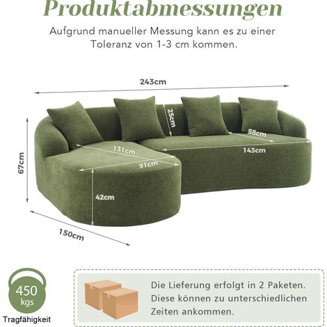 Canapé modulable incurvé – méridienne gauche + canapé d'angle 2 places en chenille, sans montage, confortable et élégant pour salon, appartement et bureau – Vert (1/5)