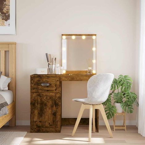 Coiffeuse avec miroir et lumières LED en chêne fumé, 90 x 42 x 132,5 cm - PANGIVO (1/5)
