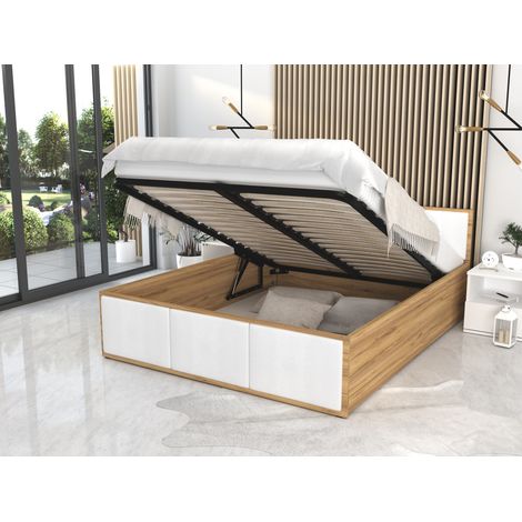 Lit Panama T 140x200 + coffre - Sommier inclus Chêne - Blanc (1/4)