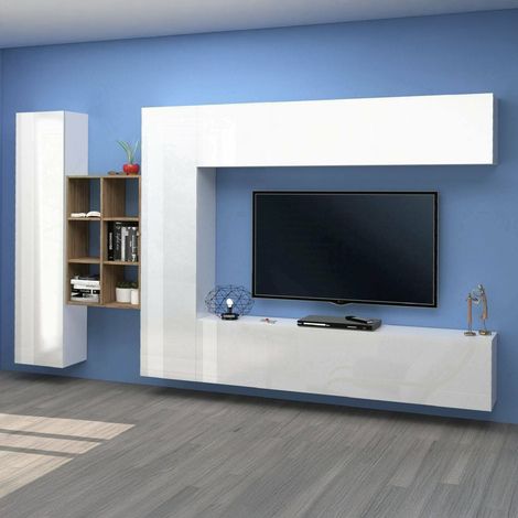 Dmora - Pared Equipada Dcaldar, Conjunto de salón Mueble TV con 4 puertas, Mueble de salón polivalente, 100% Made in Italy, cm 280x30h180, Blanco brillo y Arce (1/5)