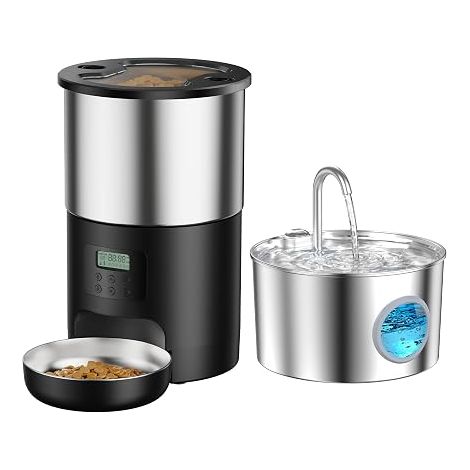 Fontaine a Eau Chat et Distributeur Croquettes: INOX Fontaine à Eau pour Chat et Distributeur Croquettes Chat - Mangeoire de Nourriture Animaux avec Minuterie Programmable Repas (1/5)