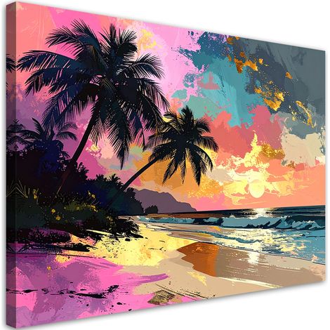 Impression sur Toile, Plage tropicale colorée mer palmiers,30x20 (1/4)