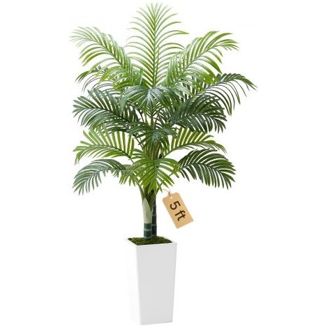 Künstliche Areca-Palme, 1,52 m, tropische Kunstpalme mit weißem, hohem Pflanzgefäß, Kunstseiden-Bodenpflanze im Topf, Kunstbaum für Veranden, Wohnzimmer, Terrassen, Zuhause, Büro, (1/5)