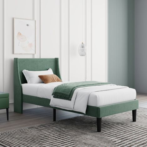 Single Bed Velvet Dark Green 3FT Upholstered Bed with Winged Headboard, Wood Slat Support