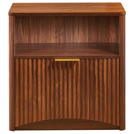 Chevet à façade cannelée couleur noyer dimensions 58×38×60cm, table de chevet moderne avec niche ouverte et tiroir coulissant pour chambre (1/5)
