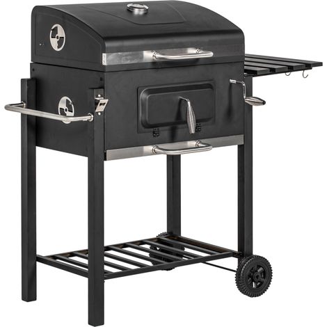 Grill Ă charbon sur chariot en acier inoxydable noir 113x65x108 cm pour jardin et terrasse (1/5)