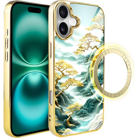 Custodia in vetro ibizu Elite per iPhone 16 con MagSafe, retro in vetro, alberi dorati in stile giapponese, oro (1/5)