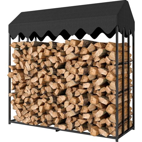 Holzregal für den Außenbereich, 1,9 m³, schwarzer Stahl, 186 x 70 x 185 cm, mit Abdeckung aus 600D Oxford-Gewebe.