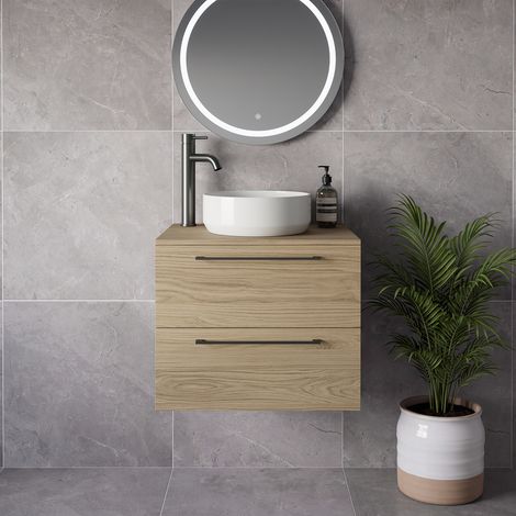 Napoli 460 Light Oak 600mm Wall Mounted 2 Drawer Vanity Unit for Countertop Basins - 600mm - Gunmetal Grey 320mm Handle