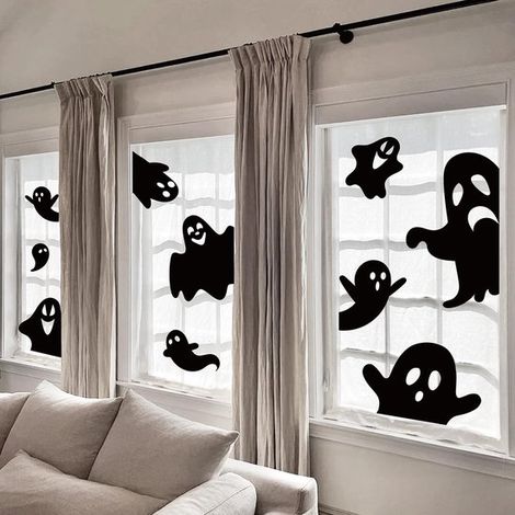 Stickers Halloween pour fenêtres 20x30cm - 9 feuilles, 36 silhouettes de fantômes - Décoration réutilisable - Film adhésif pour vitres - Décoration effrayante pour portes et fenêtres (noir) (1/5)