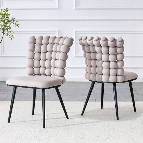 Chaises de salle à manger en velours gris clair à chaînette perlée (lot de 2) – Pieds en métal noir laqué + support stable, style luxueux et moderne, convenant aux salles à manger, salons et dressings