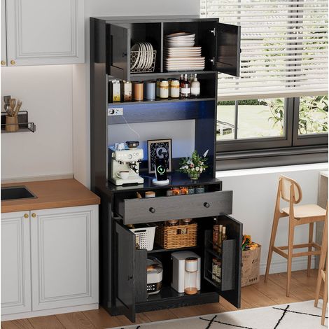 Armario de cocina alto con LED RGB, enchufes USB, cajón grande y estantes para especias, aparador auxiliar de MDF negro para cocina y salón -FLORAGRACE (1/5)