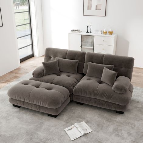 Modulares Ecksofa Braun Chenille mit Ottomanen und Kissen (1/5)