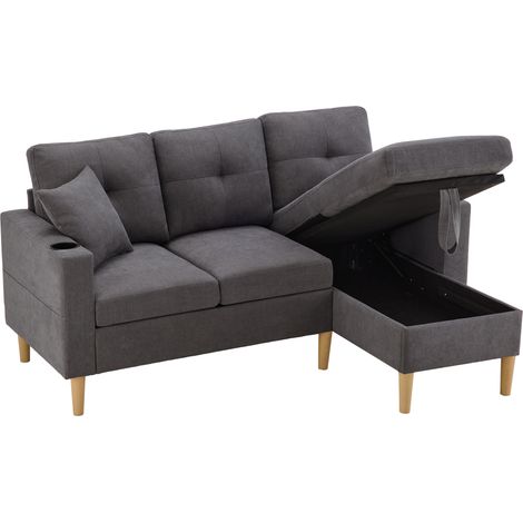 Ecksofa 3 Plätze aus Baumwoll-Linen mit Aufbewahrungschaise, 2 Getränkehalter, Seitentasche und 2 Kissen, Dunkelgrau