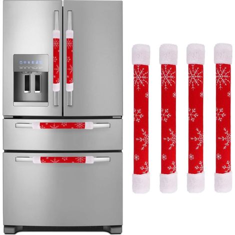 Décorations de Noël : Jeu de 4 poignées de porte de réfrigérateur brodées de flocons de neige en polaire et fausse fourrure, cadeaux de Noël traditionnels pour la maison et la cuisine (1/4)