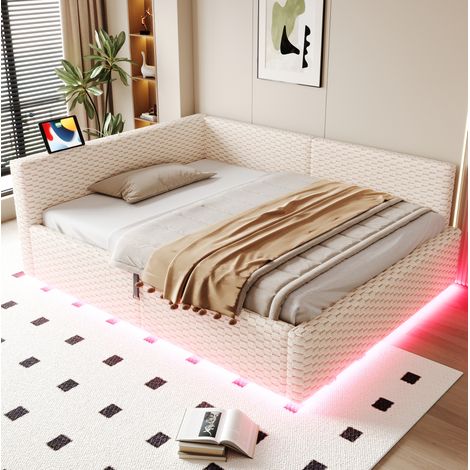 Cama tapizada con almacenaje LED y USB beige dormitorio OKMYHOME (1/5)