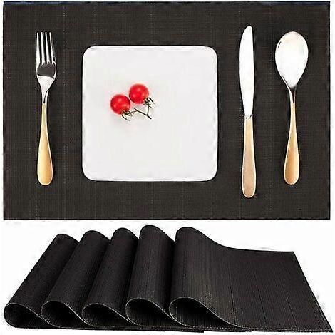 Lot de 6 sets de table noirs lavables, résistants à la chaleur et antidérapants, en vinyle PVC tissé, pour table de cuisine ou salle à manger, 30 x 45 cm - Noir (1/5)