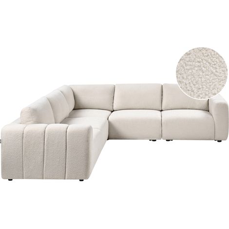 Sofá esquinero derecho moderno 5 plazas modular tapizado de bouclé blanco crema Kivvik (1/5)