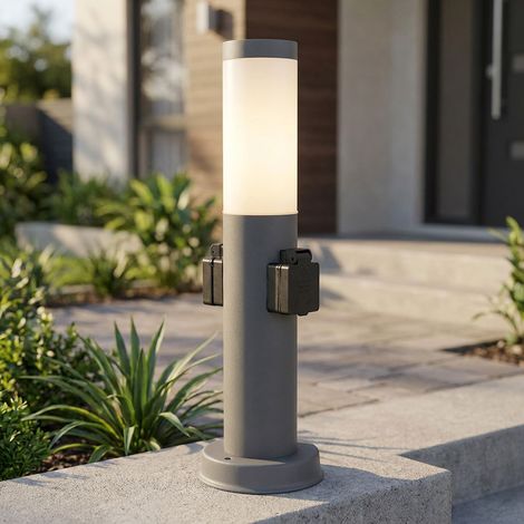 Stehlampe Außenleuchte mit Steckdose Edelstahl Sockellampe Garten Wegeleuchte, opal anthrazit, 1x E27 Fassung, DxH 12,7x45 cm (1/5)