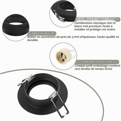 Spot Encastrable Aluminium, Noir Support Spot Encastrable Cadre De Montage Avec Douille GU10, Rond Spot de Plafond 68mm extra plat Pour LED Lampes, Trou de montage ø60-70mm 230V (1/3)