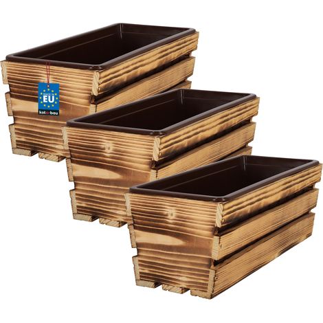 KOTARBAU® Lot de 3 Jardiniere Extérieur - Bac à Fleurs - avec Insert Plastique - Jardiniere Rectangulaire - 40x18x15 cm - pour Terrasse - Jardin - Décoration Extérieure - Rustique (1/4)