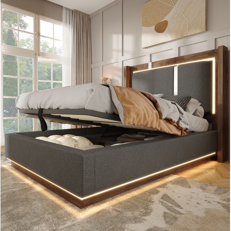 Polsterbett 90 x 200 cm mit Stauraumbettkasten, Lattenrost und LED, Grau/Nussbaum HAVRYA (1/5)