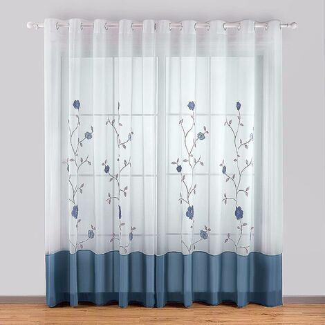 Ösenvorhänge, transparent, mit Blumenstickerei, für Schlafzimmer, Küche, Wohnzimmer, 140 cm x 225 cm, Sonnenblau (1/5)
