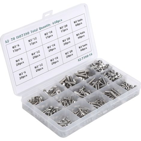 440 vis inoxydables tête cylindrique hexagonale creuse, lot en boîte, emballage bulles, fixation boulonnerie premium (1/5)