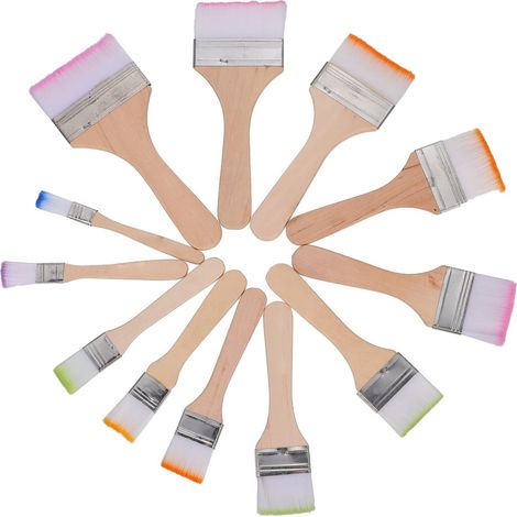 12 pinceaux plats larges, poils en nylon, manche en bois, pour peinture acrylique, à l'huile et aquarelle (1/5)