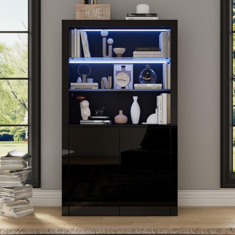 Meuble de rangement 100 x 35 x 170 cm, vitrine, meuble de rangement laqué brillant avec éclairage LED, 2 étagères en verre, 2 placards, meuble haut, meuble de salon, meuble de rangement, armoire haute