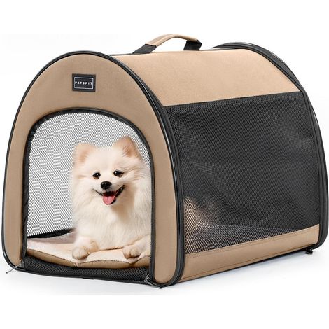Faltbare Hundebox für kleine Hunde & Katzen, atmungsaktiv, mit Plüschkissen, Khaki S (1/5)