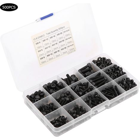 Lot de 500 vis Allen noires avec écrous fraisés, en acier inoxydable, en boîte, M3, M4, M5 (1/5)
