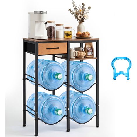 Support de Bonbonne d'Eau 4 Niveaux 2 Rangées pour 4 Bidons et Tiroir, 11L et 19L, Cadre en Métal, Rack de Porte-bouteilles avec Étagère de Rangement pour Cuisine, Bureau, Salon, Noir et Marron (1/5)