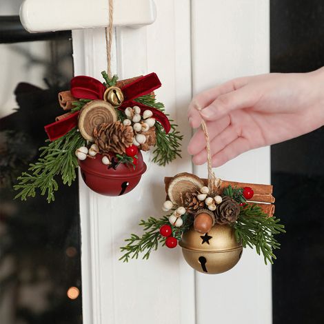 Set di 2 campanelle natalizie - fiocco con corna di renna - campanelle con pigne - ornamenti misti - decorazioni per albero di Natale e auto (1/3)