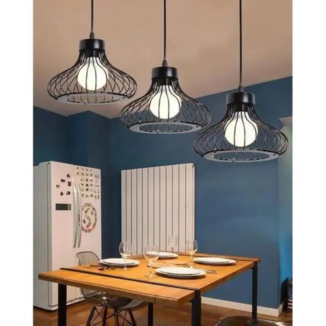 Suspension Lustre Industriel Pôle long 3 lampes - E27 - Noir - Cuisine - Salle à manger - bar (1/4)