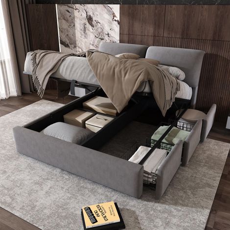Lit capitonné, 140x200cm, sommier hydraulique, trois tiroirs, coffre de rangement, sommier à lattes avec tête de lit, sans matelas, velours, gris, garantie 2 ans