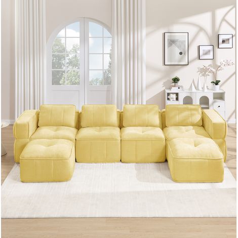 Sofá modular en U de 4 plazas, 2 pufs, sin montaje, amarillo OKMYHOME (1/5)