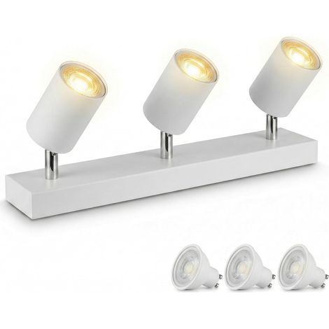 Plafonnier Spot Barre Rectangulaire Blanc 3 Têtes, 3x Ampoules LED GU10 3000K Blanc Chaud Incluses, Prêt à l'Emploi. Luminaire Orientable Design Moderne pour Salon, Chambre, Ambiance Cosy (1/5)