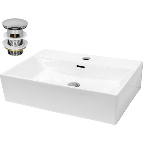 ECD Germany Waschbecken Waschtisch 605x365x130 mm Keramik Eckig Weiß inkl. Ablaufgarnitur für Waschbecken mit Überlauf Aufsatzbecken Aufsatzwaschbecken Aufsatzwaschtisch Waschschale Spülbecken Becken