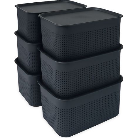 Relaxdays Aufbewahrungsbox 6er Set, mit Deckel, Organizer-Box 5 L, HBT: 13x26,5x19 cm, Stapelbox Kunststoff, schwarz