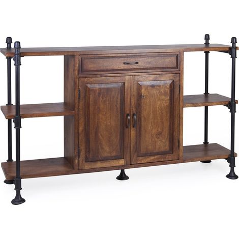 Buffet industriel 1 tiroir 2 portes fer noir et bois de manguier marron Kouba 160cm (1/5)