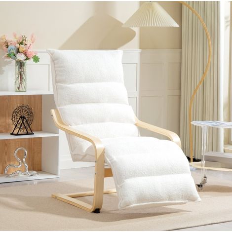 Sillón relax con reposapiés 5 posiciones, sherpa blanco, madera HAVRYA (1/5)