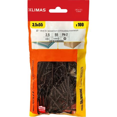 Vis Pour Bois Et Plaques De Plâtre Klimas, 3.5 x 55 mm, Noires PH2 Phosphatées, Boîte 100 Pièces (1/5)