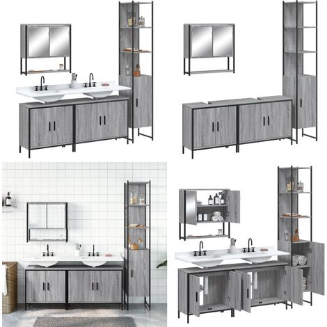 4-tlg. Badmöbel-Set Grau Sonoma Holzwerkstoff - Spiegelschrank - Waschbeckenunterstuhl (1/5)