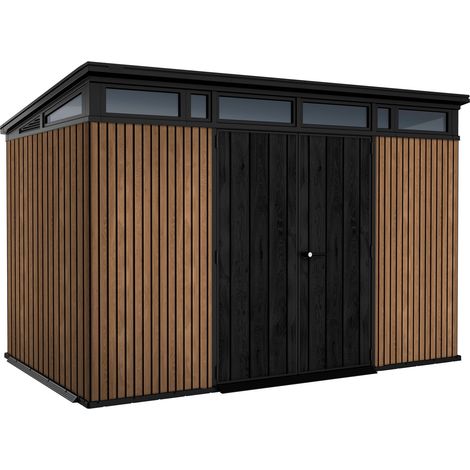 Pent 11x7 - Caseta de jardín 342x226x218 cm 2 puertas para almacenamiento de herramientas acabado efecto madera Evotech+ en resina marrón y negra (1/5)