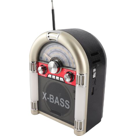 Enceinte Bluetooth rétro avec récepteur AM/FM/S et lecteur de carte mémoire USB rechargeable (prise UE dorée). (1/5)