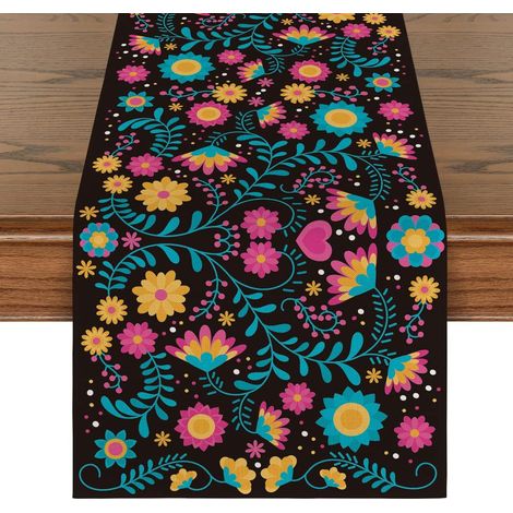 1 Camino de mesa, Lino, Estampado de calaveras de azúcar, 33x183 cm, Para cocina/comedor (1/5)