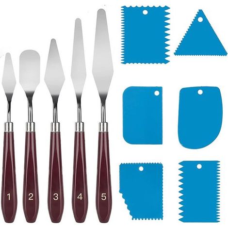 11-teiliges Spachtel- und Schaberset – Schaberset – 5 Spachtel + 6 Schaber – Malmesser – Edelstahlschaber für Acryl- und Ölfarben – Blau (1/5)