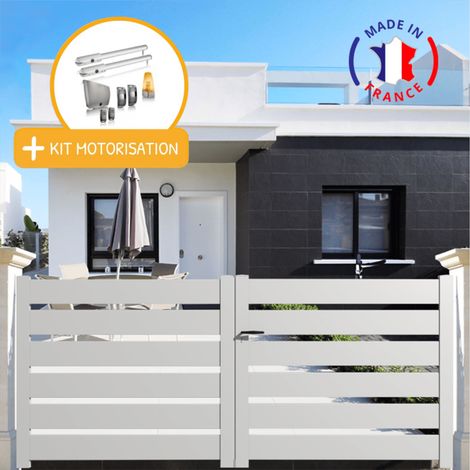 Portail aluminium battant SAH en kit + Motorisation dimensions L.3000 (entre piliers) X H.1980 mm SGS Essential (vérins) Couleurs Blanc (RAL 9010)
