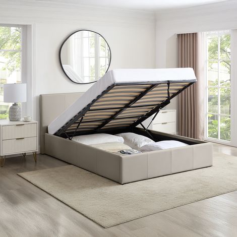 LUNA 4FT6 Double Cream Beige Ottoman Storage Bed with Gas Lift, Faux Leather Fabric